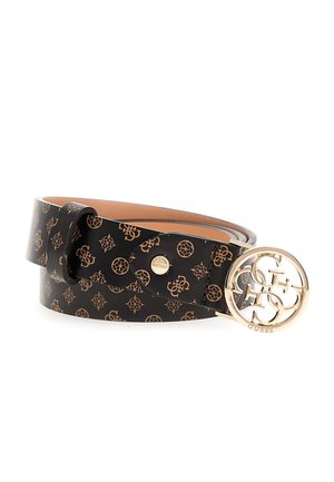 Cintura in pelle nera con un motivo a monogramma marrone, fibbia circolare in tono oro con logo e superficie liscia.