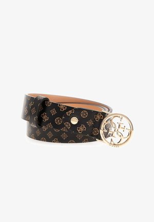 Cintura in pelle nera con un motivo a monogramma marrone, fibbia circolare in tono oro con logo e superficie liscia.
