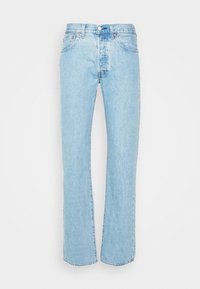 Ljust blå denimjeans, rak bendesign, femfickorsstil, synlig sömnad och metallknappstängning i midjan.