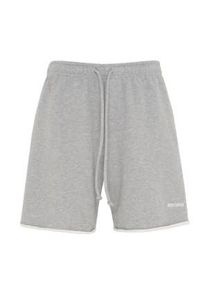 Gray cotton athletic shorts with an elastic waistband and drawstring, featuring a white logo and contrasting white trim at the hem.