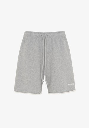 Szare bawełniane szorty sportowe z elastycznym paskiem w talii i sznurkiem do regulacji, z białym logo i kontrastowym białym wykończeniem u dołu.