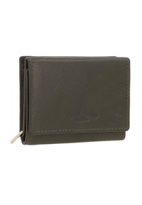 Dark green leather wallet with a fold design, visible stitching, and a small zipper on the side. Logo embossed on the front.