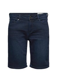 Pantalones cortos de mezclilla azul oscuro con un diseño clásico de cinco bolsillos, que cuentan con un cierre de botón y un dobladillo enrollado. Textura suave y forma ajustada.