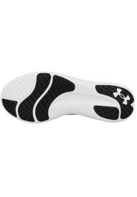 Suola di sneaker bianca con cuscinetti di trazione in gomma nera testurizzata. Design elegante e sagomato con scanalature per flessibilità e supporto.