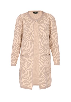 Beige cardigan with zebra pattern, featuring long sleeves, two front pockets, and decorative studs along the neckline. Soft texture.