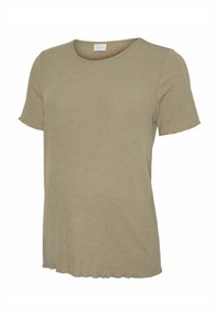 Camiseta de rayas de color verde oliva con mangas cortas, cuello redondo y dobladillo en forma de ondas. Fabricada en un tejido suave y texturizado.