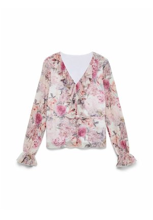 Blouse à manches longues à motif floral avec un col en V à volants, une ceinture à la taille et des poignets à volants dans des tons doux de rose, blanc et beige.