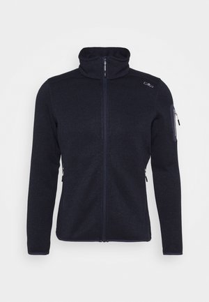 Sort fleecejakke med fuld lynlås, høj krave, lynlåslommer på siderne og venstre ærme samt lille logo på højre skulder.