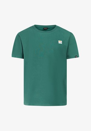 Grünes kurzärmeliges T-Shirt mit Rundhalsausschnitt, kleinem buntem Patch auf der Brust und schwarzem Etikett am linken Ärmel.