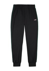 Zwarte sweatpants met groene zijstrepen, elastische tailleband, geribde manchetten en een klein rood en wit logo op de bovenkant van de dij.