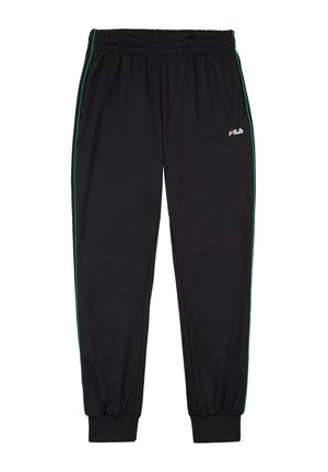 Pantaloni sportivi neri con strisce laterali verdi, vita elasticizzata, polsini a coste e un piccolo logo rosso e bianco sulla coscia superiore.