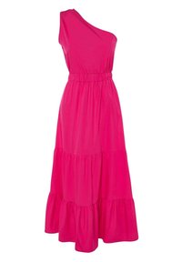 Světlý růžový maxi šaty na jedno rameno, s elastickým pasem a volánkovou sukní v několika vrstvách.