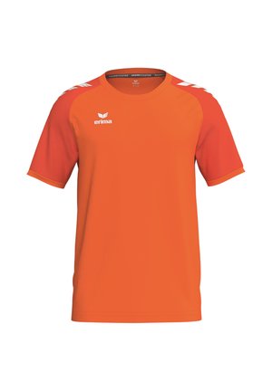 Oranges kurzärmeliges Sportshirt mit dunkleren orangen Raglanärmeln und weißem „erima“-Logo auf der Brust und Schulterakzenten.