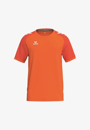 Maglietta sportiva arancione a maniche corte con maniche raglan arancione più scuro e logo bianco "erima" sul petto e dettagli sulle spalle.