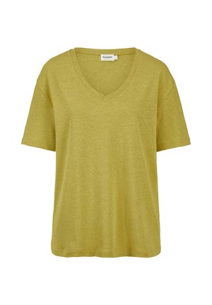 Hellgrünes T-Shirt mit kurzen Ärmeln und V-Ausschnitt, lockerem Schnitt, weichem Stoff und einem kleinen Etikett im Nackenbereich.