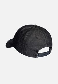 Black denim cap with a curved brim, adjustable snapback closure, and subtle texture. Features ventilation eyelets and a logo detail.