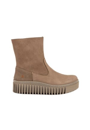 Beige leather ankle boot with side elastic, textured upper, and ridged platform sole. Features contrasting stitching and a small logo.
