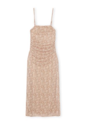 Vestido midi fruncido en tejido beige claro con estampado floral, tirantes ajustables finos y un corsé ajustado, que cae suavemente hasta un dobladillo recto.