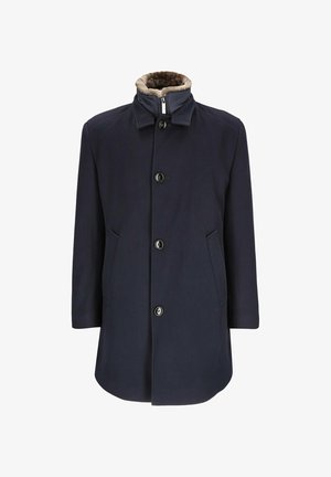 Navy overcoat with a high collar, fur-lined inner, front button closure, and side pockets. Features a textured fabric and sleek design.