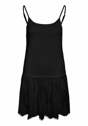 Robe noire sans manches avec bretelles fines réglables et jupe à motif de dentelle avec ourlet festonné.