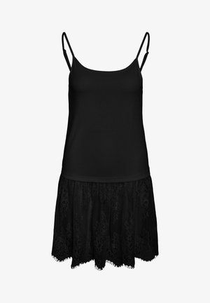 Rochie neagră fără mâneci, cu bretele subțiri și reglabile, și fustă cu model din dantelă și tiv ondulat.