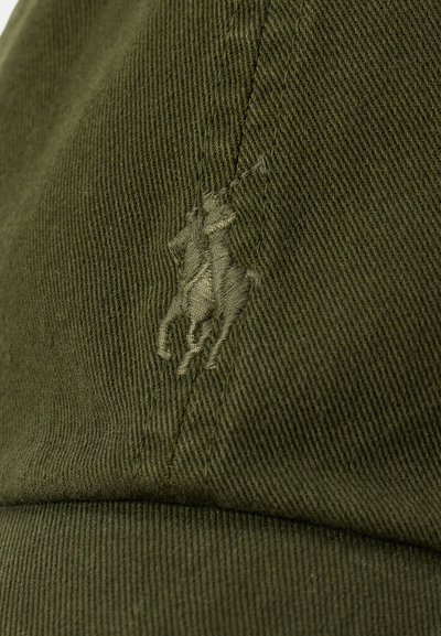 Olive green cap made of textured fabric with a raised embroidered logo of a horse and rider in matching color on the front.