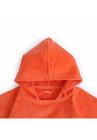 Bright orange hooded terry cloth towel with a sewn-in loop inside the collar for hanging.