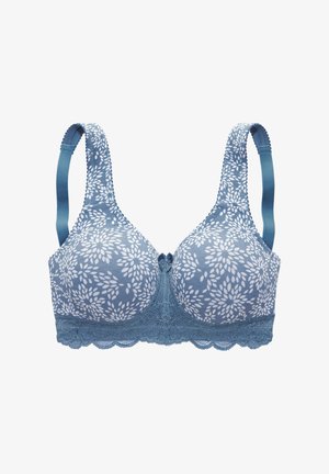 Blauer BH mit Blumenmuster, gepolsterten Cups, Spitzenbesatz und verstellbaren Trägern. Mit einer zentralen Schleifendetail oberhalb der Cups.