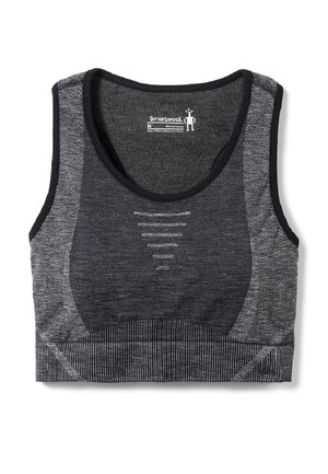 Senza cuciture, reggiseno sportivo da donna in nero e grigio con texture a coste, pannelli traspiranti e logo Smartwool all'interno del collo, disponibile in taglia media.