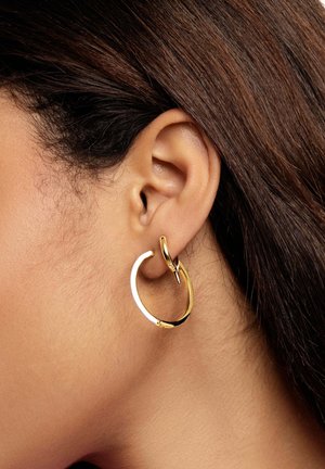 Gli orecchini a cerchio in oro presentano un design curvo con una superficie liscia, accentuati da una piccola chiusura. Indossati in un orecchio forato, mettono in risalto uno stile minimalista.