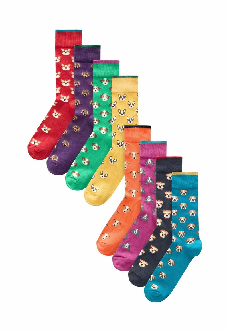 Sosete colorate cu diverse modele de câini. Materialele sunt dintr-un țesătură moale, cu culori vibrante: roșu, violet, verde, galben, portocaliu, albastru și negru.