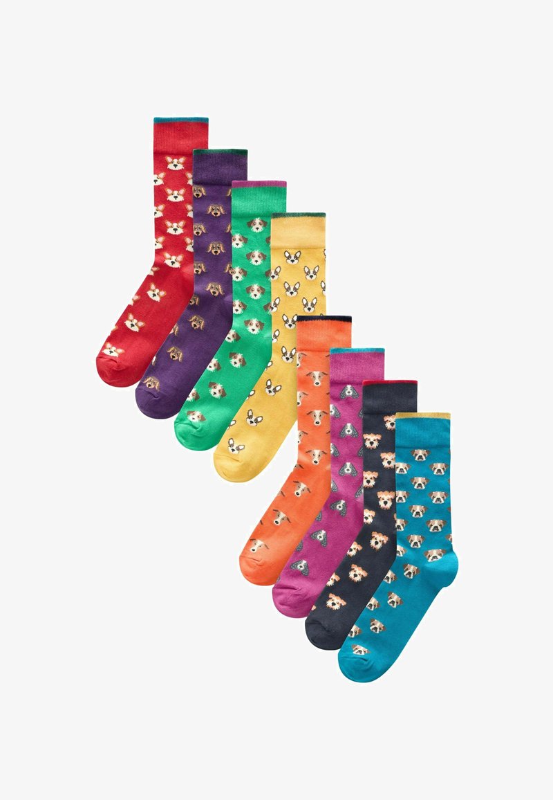 Sosete colorate cu diverse modele de câini. Materialele sunt dintr-un țesătură moale, cu culori vibrante: roșu, violet, verde, galben, portocaliu, albastru și negru.