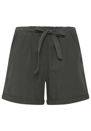 Pantaloni corti in lino verde scuro con cintura elastica e dettaglio con lacci, dotati di orli arrotolati e tasche laterali.