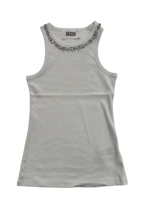Top bianco senza maniche a coste con scollo rotondo decorato con piccole perline argentate, etichettato Silvian Heach.