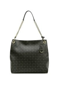 Borsa a tracolla nera in materiale sintetico con accentuazione in catena, caratterizzata da un motivo con logo ripetuto, fondo piatto e una sola tracolla.