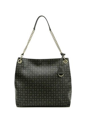Borsa a tracolla nera in materiale sintetico con accentuazione in catena, caratterizzata da un motivo con logo ripetuto, fondo piatto e una sola tracolla.