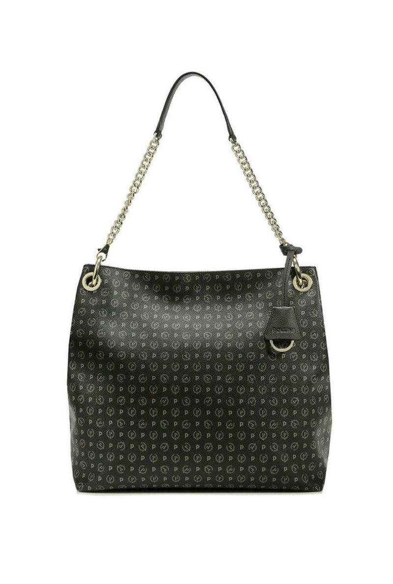 Borsa a tracolla nera in materiale sintetico con accentuazione in catena, caratterizzata da un motivo con logo ripetuto, fondo piatto e una sola tracolla.