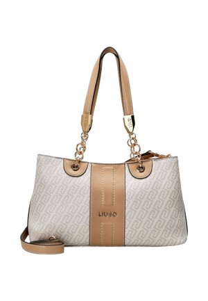 Borsa Liu Jo beige e cammello con corpo in tessuto fantasia, manici in pelle color cammello collegati da catene dorate e pannello centrale in pelle con logo.