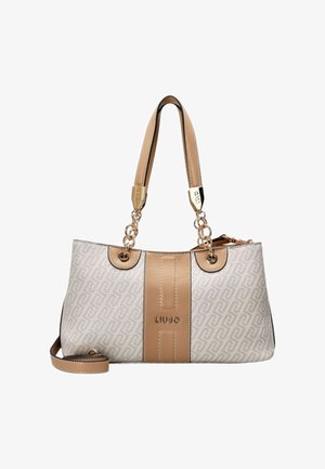 Bolso Liu Jo beige y tostado con cuerpo de tela estampada, correas de cuero tostado conectadas por cadenas doradas y panel central de cuero con el logo.