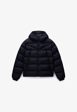 Granatowa kurtka puchowa z kapturem, pikowany wzór, zamek z przodu i boczne kieszenie. Miękki, błyszczący materiał z elastycznymi mankietami i dolnym wykończeniem.