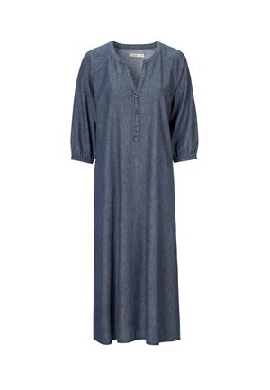 Denimkjole med trekvartlange puffærmer, V-udskæring og knaplukning. Mørkeblåt stof med en glat tekstur og knælangt design.