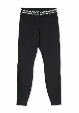 Čierne športové legíny s textúrovaným pásom s logom "BROOKS", hladkou tkaninou a zúženými nohavicami so sieťovanými bočnými panelmi pre priedušnosť.