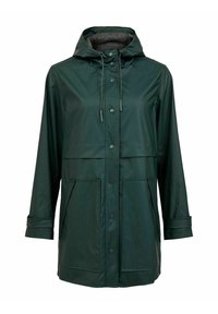 Mörkgrön vattentät jacka med huva, tryckknapp framtid, två framfickor och justerbara dragsnören. Slät textur, medellång.