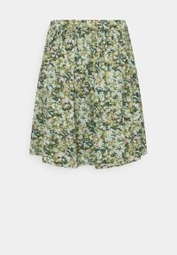 Blumenkleid mit einem elastischen Bund. Verfügt über einen grünen Grundton mit blauen und rosa Blumenmustern. Leichter, fließender Stoff, knielanges Design.