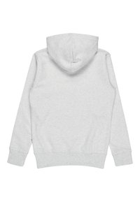 Felpa grigia in cotone con un grande cappuccio, maniche lunghe, polsini e orlo a costine, texture liscia e un design semplice senza loghi o motivi visibili.