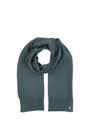 Sciarpa a maglia verde scuro con estremità a coste, piegata a forma di anello su sfondo bianco.