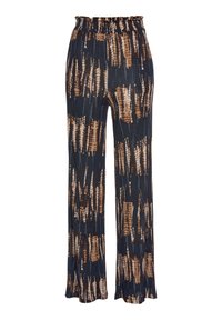 Pantalones de pierna ancha de tela suave, con un fondo azul marino y un patrón abstracto en marrón y crema, y cintura elástica.