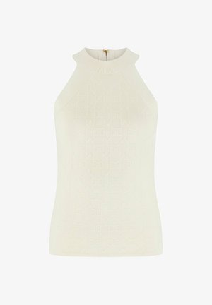 Top a maniche corte color crema lavorato a maglia con collo alto a coste e sottile motivo geometrico in rilievo sul davanti.