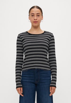 Black and white striped long-sleeve top with a round neckline, made of ribbed fabric, featuring fitted sleeves and a cropped hemline.