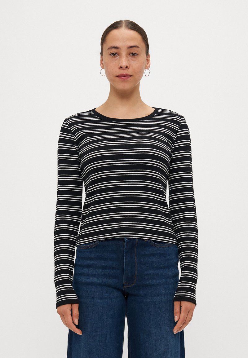Gestreiftes Longsleeve-Oberteil in Schwarz und Weiß mit Rundhalsausschnitt, aus geripptem Stoff, mit enganliegenden Ärmeln und cropped Saum.